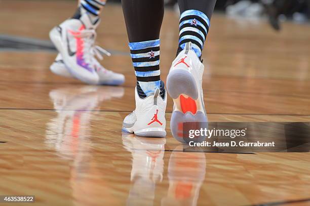 Carmelo Anthony playing for the East Coast all-stars showcases his sneakers during the 2015 NBA All-Star Game at Madison Square Garden on February...