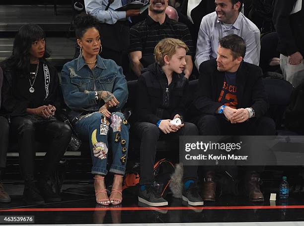 Rihanna and Ethan Hawke attend The 64th NBA All-Star Game 2015 on February 15, 2015 in New York City.