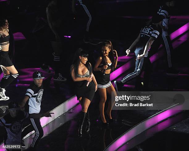 Ariana Grande and Nicki Minaj perform at The 64th NBA All-Star Game 2015 on February 15, 2015 in New York City.