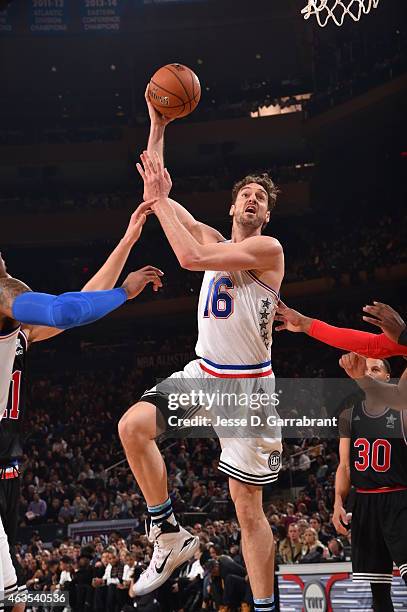 Pau Gasol playing for the East Coast all-stars goes up with the hook shot during the 2015 NBA All-Star Game at Madison Square Garden on February 15,...