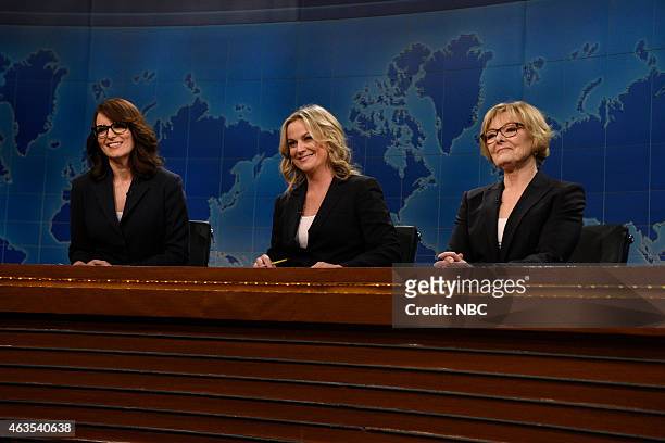 Pictured: Tina Fey, Amy Peohler, Jane Curtin during The Weekend Update on February 15, 2015 --