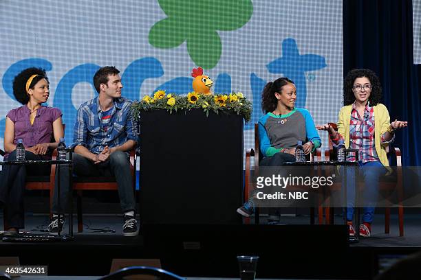 NBCUniversal Press Tour, January 2014 -- "The Sunny Side Up Show" Session -- Pictured: Dennisha Pratt, Tim Kubart, Chica the Chicken, Kaitlin Becker,...