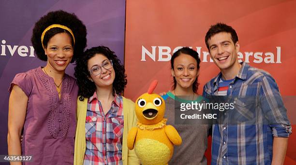 NBCUniversal Press Tour, January 2014 -- Pictured: "The Sunny Side Up Show", Dennisha Pratt, Host; Carly Ciarocchi, Host; Chica the Chicken; Kaitlin...