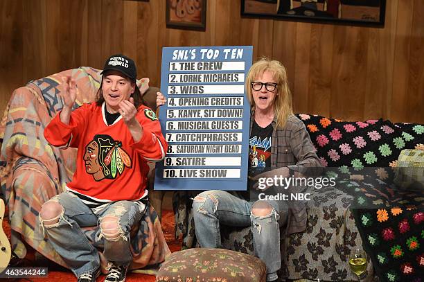 Pictured: Mike Myers as Wayne, Dana Carvey as Garth during the Wayne's World skit on February 15, 2015 --