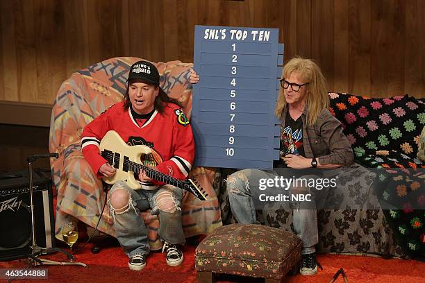 Pictured: Mike Myers as Wayne Campbell, Dana Carvey as Darth Algar during the Wayne's World skit on February 15, 2015 --