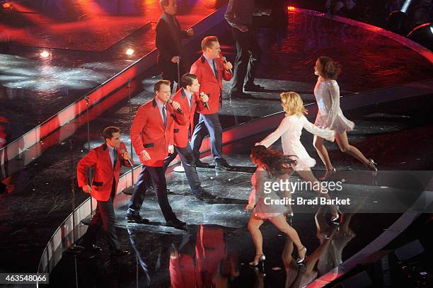 Jersey Boys cast perform at The 64th NBA All-Star Game 2015 on February 15, 2015 in New York City.