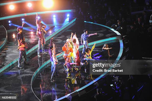 Mamma Mia! cast perform at The 64th NBA All-Star Game 2015 on February 15, 2015 in New York City.