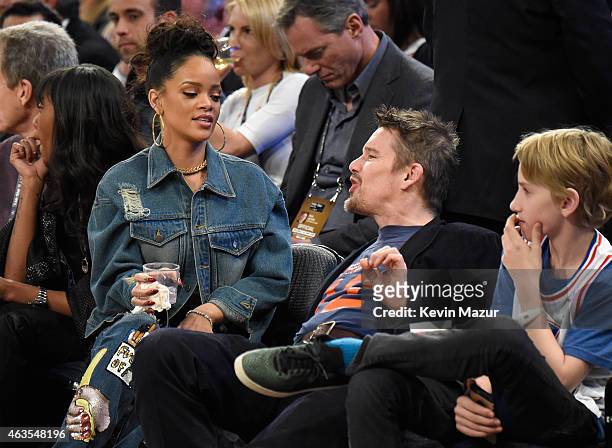 Rihanna and Ethan Hawke attend The 64th NBA All-Star Game 2015 on February 15, 2015 in New York City.