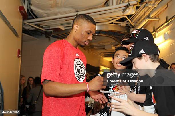 Damian Lillard of the Western Conference All-Stars after the game against the Eastern Conference All-Star in the 2015 NBA All-Star Game on February...