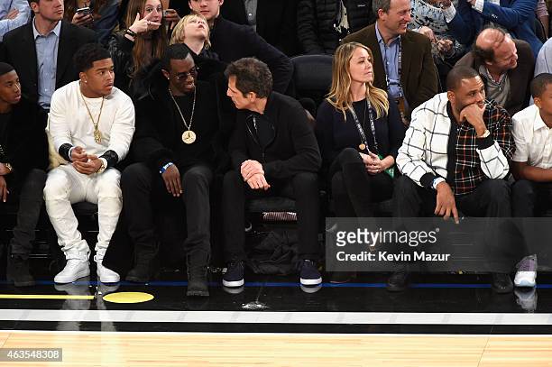 Sean Combs, Ben Stiller, and Christine Taylor attend The 64th NBA All-Star Game 2015 on February 15, 2015 in New York City.