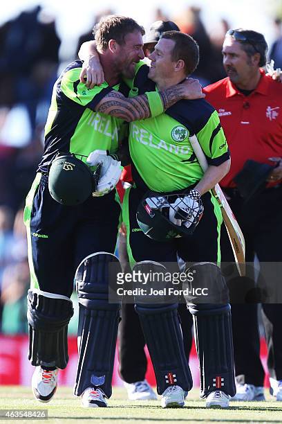 John Mooney of Ireland and Niall O'Brien celebrate after defeating the West Indies during the 2015 ICC Cricket World Cup match between the West...