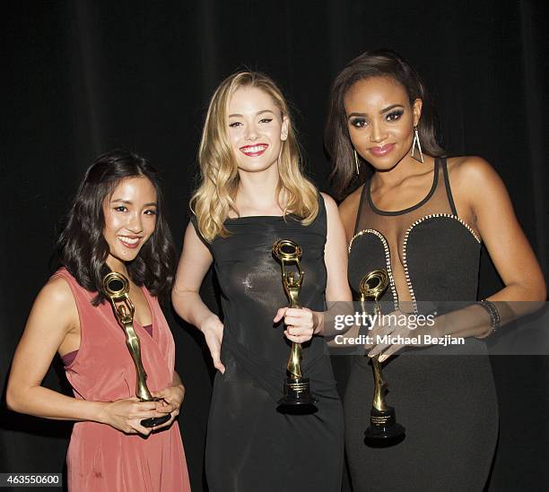 New Beauty Recipients Virginia Gardner, Constance Wu and Meagan Tandy backstage at 1st Hollywood Beauty Awards Presented By LATF And Benefiting...