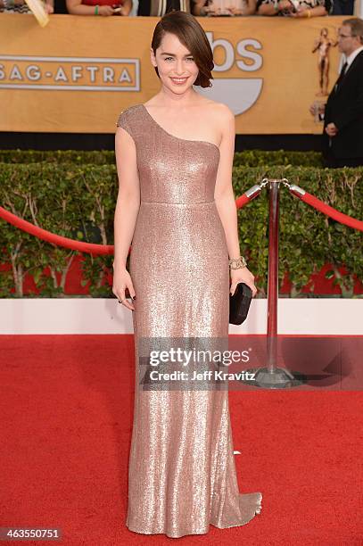 Actress Emilia Clarke attends the 20th Annual Screen Actors Guild Awards at The Shrine Auditorium on January 18, 2014 in Los Angeles, California.