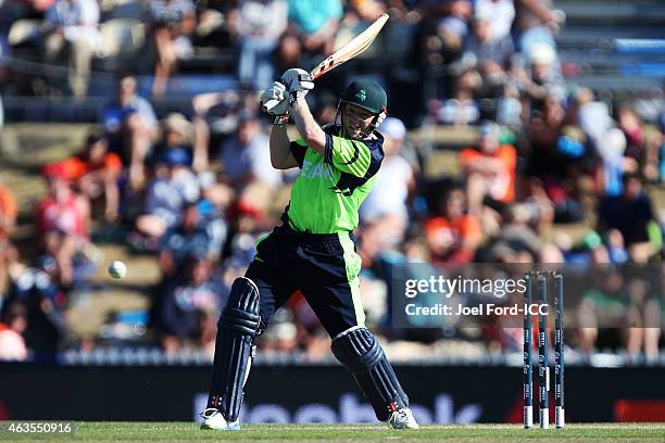 Niall O'Brien of Ireland plays a shot during the 2015 ICC Cricket World Cup match between the West Indies and Ireland at Saxton Field on February 16,...