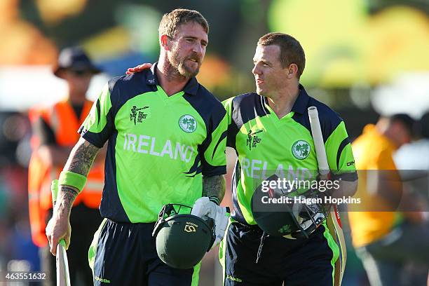 John Mooney and Niall O'Brien of Ireland celebrate after winning the 2015 ICC Cricket World Cup match between the West Indies and Ireland at Saxton...