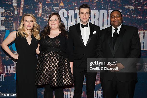 Kate McKinnon, Aidy Bryant, Taran Killam, and Kenan Thompson attend the SNL 40th Anniversary Celebration at Rockefeller Plaza on February 15, 2015 in...