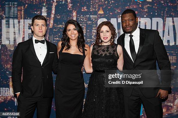 Colin Jost, Cecily Strong, Vanessa Bayer, and Michael Che attend the SNL 40th Anniversary Celebration at Rockefeller Plaza on February 15, 2015 in...