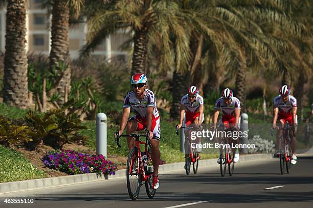 Luca Paolini of Italy leads his Team Katusha out on a training ahead of tomorrow's Tour of Oman on February 16, 2015 in Mussanah, Oman.