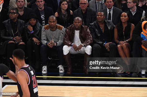Earvin iii Johnson, Floyd Mayweather and Chris Tucker attend The 64th NBA All-Star Game 2015 on February 15, 2015 in New York City.