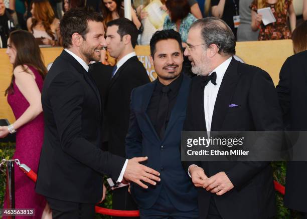 Actors Bradley Cooper, Michael Pena and Mandy Patinkin attend the 20th Annual Screen Actors Guild Awards at The Shrine Auditorium on January 18, 2014...