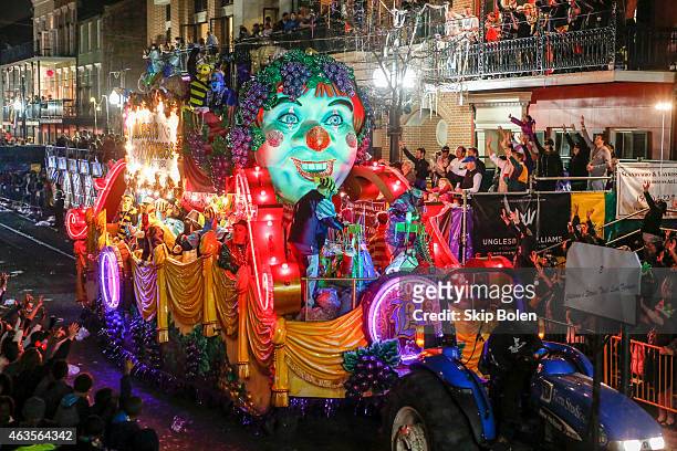 Float with the theme 'Children's Stories That Live Forever' in the Krewe of Bacchus parade during Mardi Gras on February 15, 2015 in New Orleans,...