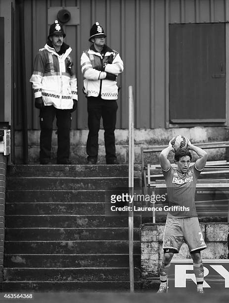 Policemen watch the action during the FA Cup Fifth Round match between Bradford City and Sunderland at Coral Windows Stadium, Valley Parade on...