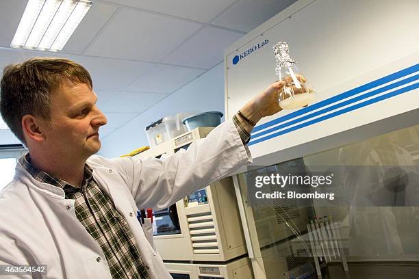 Hans Peter Smits, senior fermentation scientist for Evolva Holding SA, displays a flask containing a yeast fermentation broth in a fermentation...