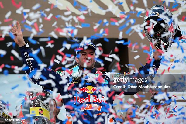 Marc Coma of Spain for the KTM Red Bull Rally Factory Team celebrates winning the Motorbike catergory on the podium during Day 14 of the 2014 Dakar...