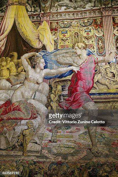 Tapestry detail of 'Giuseppe Fugge dalla Moglie di Putifarre' by Agnolo Bronzino at the Salone Dei Corazzieri during the 'Il Principe dei Sogni'...