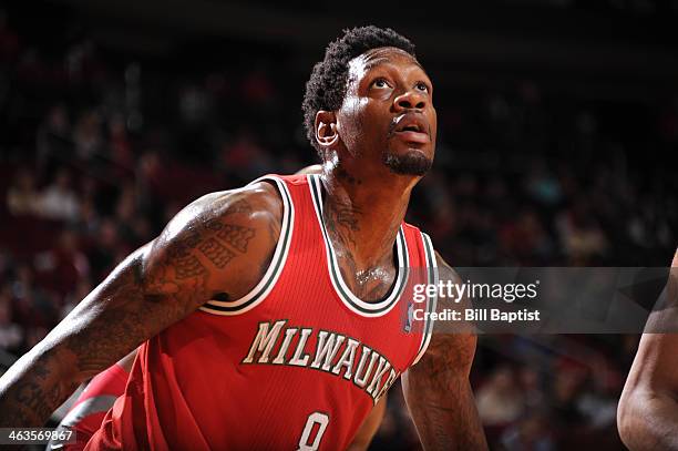 Larry Sanders of the Milwaukee Bucks reacts to a play against the Houston Rockets on January 18, 2014 at the Toyota Center in Houston, Texas. NOTE TO...