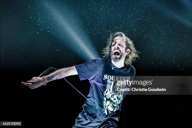 Randy Blythe of Lamb of God performs on stage at Brixton Academy on January 18, 2014 in London, United Kingdom.