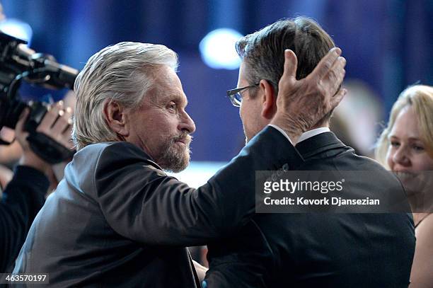 Actor Michael Douglas , winner of the Outstanding Performance by a Male Actor in a Miniseries or Television Movie award for 'Behind the Candelabra,'...