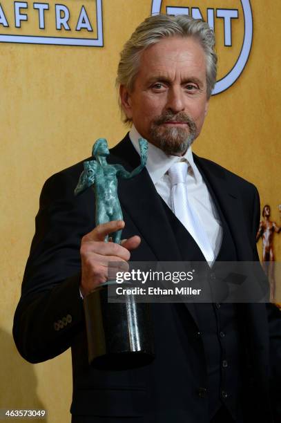 Actor Michael Douglas, winner of the Outstanding Performance by a Male Actor in a Miniseries or Television Movie award for 'Behind the Candelabra,'...