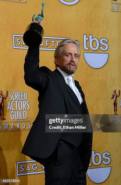 Actor Michael Douglas, winner of the Outstanding Performance by a Male Actor in a Miniseries or Television Movie award for 'Behind the Candelabra,'...