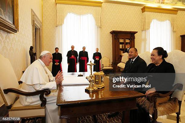 Pope Francis meets King of Tonga Aho'eitu Unuaki'otonga Tuku'aho Tupou VI and Queen Nanasipau'u Tuku'aho of Tonga at the Apostolic Palace on February...