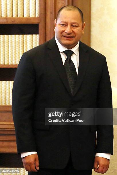 King of Tonga Aho'eitu Unuaki'otonga Tuku'aho Tupou VI attends a meeting with Pope Francis at the Apostolic Palace on February 16, 2015 in Vatican...