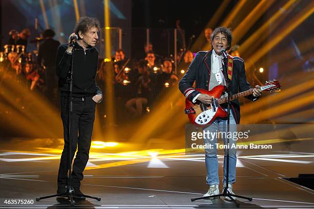 Alain Souchon and Laurent Voulzy perform during Les Victoires De La Musique at Le Zenith on February 13, 2015 in Paris, France.