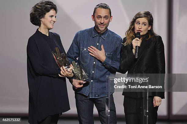 Camille Hirigoyen, Julien Choquart and Heloise Letissier aka Christine and the Queens receive the video clip award for ?Saint Claude? during Les...