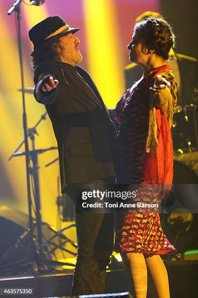 Rachid Taha and Catherine Ringer perform during Les Victoires De La Musique at Le Zenith on February 13, 2015 in Paris, France.