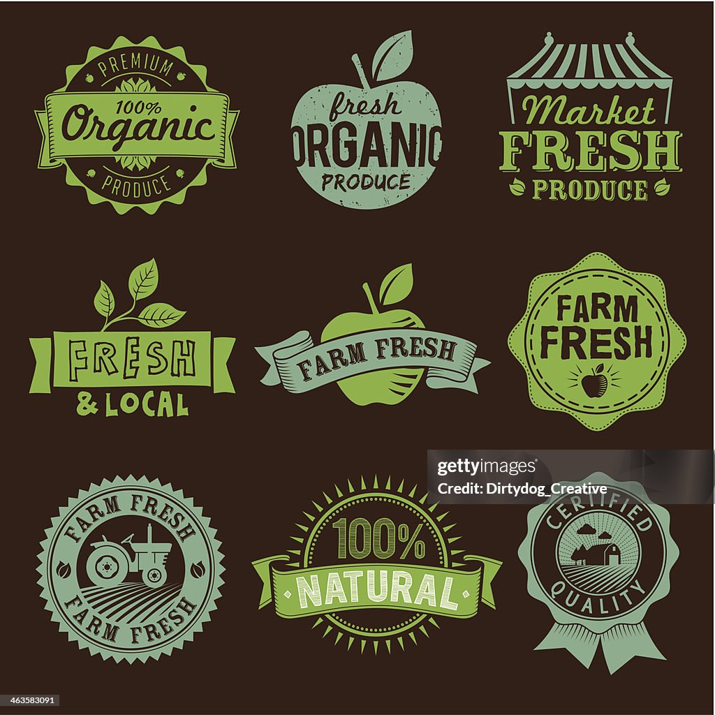 Local, Fresh, Organic, Natural, Farm food labels, icons and logo