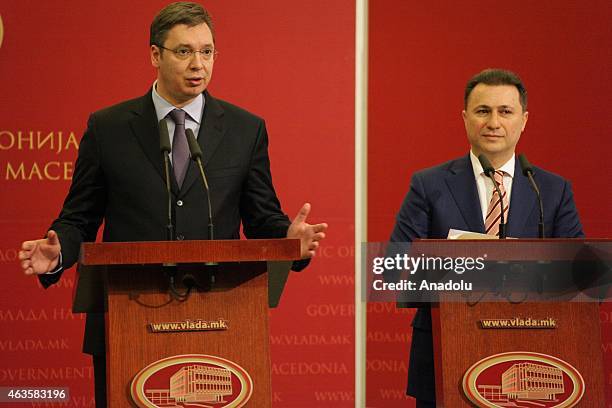 Serbian Prime Minister Alaksandar Vucic his Macedonian counterpart Nikola Gruevski hold a joint press conference in the government building in...