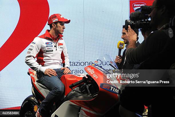 Italian rider Andrea Dovizioso unveils the Ducati Desmosedici Moto GP 2015 Championship at Ducati Factory on February 16, 2015 in Bologna, Italy.