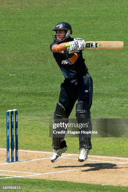 Ross Taylor of New Zealand bats during the first One Day International match between New Zealand and India at McLean Park on January 19, 2014 in...
