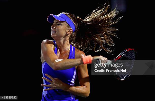 Daniela Hantuchova of Slovakia plays a forehand in her match against Mona Barthel of Germany during day two of the WTA Dubai Duty Free Tennis...