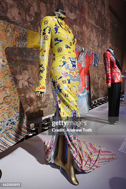 Garments are seen on display at The Metropolitan Museum Of Art's "China: Through The Looking Glass" press presentation at Metropolitan Museum of Art...