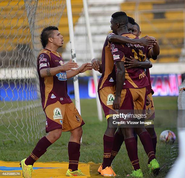 Players of Deportes Tolima celebrate a goal scored to Deportivo Cali for the 4th date of the Aguila League I 2015 played at Manuel Murillo Toro...