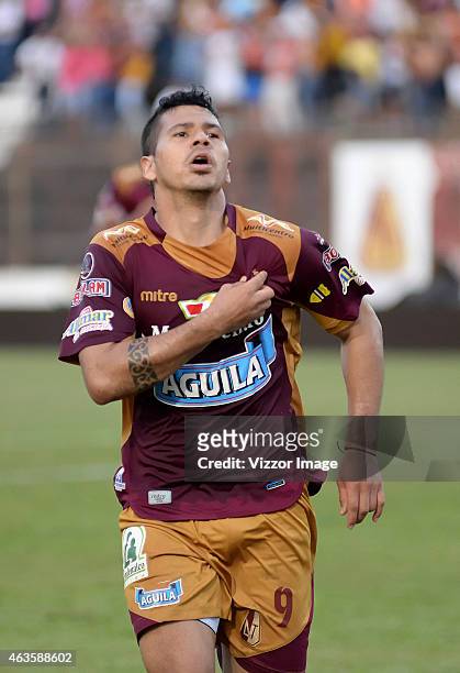 Robin Ramirez player of Deportes Tolima celebrates a goal scored to Deportivo Cali for the 4th date of the Aguila League I 2015 played at Manuel...