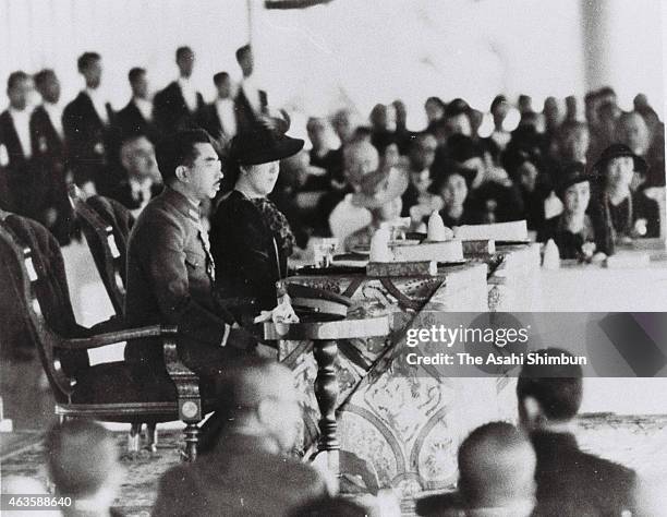 Emperor Hirohito and Empress Nagako attend the ceremony to mark the 2,600 anniversary of the Japan's first emperor Jinmu enthronement on November 11,...