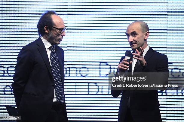 Ducati Motor CEO Claudio Domenicali and journalist Guido Meda unveil the Ducati Desmosedici Moto GP 2015 Championship at Ducati Factory on February...