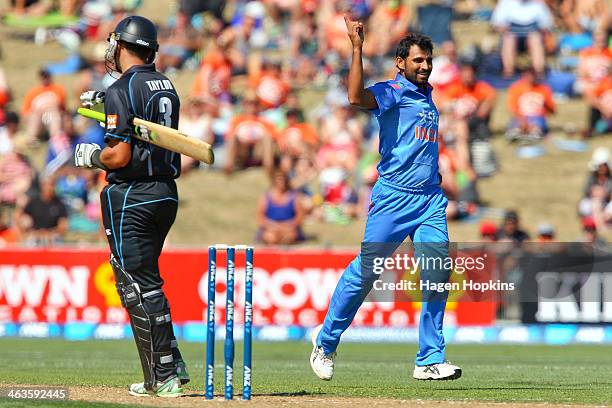 Mohammed Shami of India celebrates after taking the wicket of Ross Taylor of New Zealand during the first One Day International match between New...